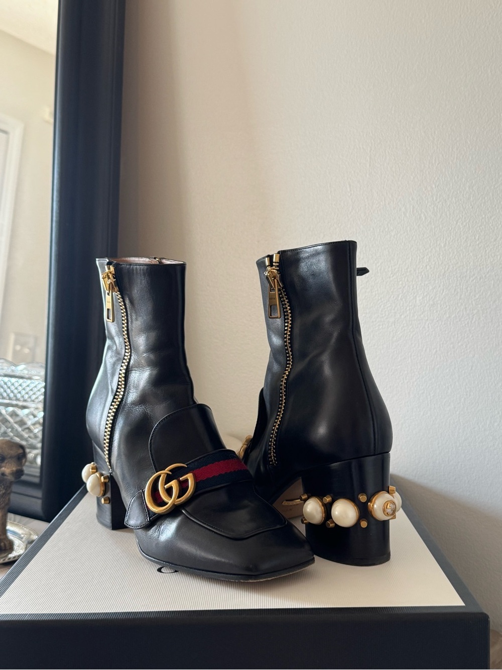 Gucci Black Leather Ankle Boots with Gold GG and Pearl Heel Accents - Picture 2 of 14
